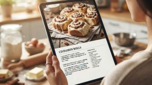 A woman holding a cinammon rolls recipe in an ebook