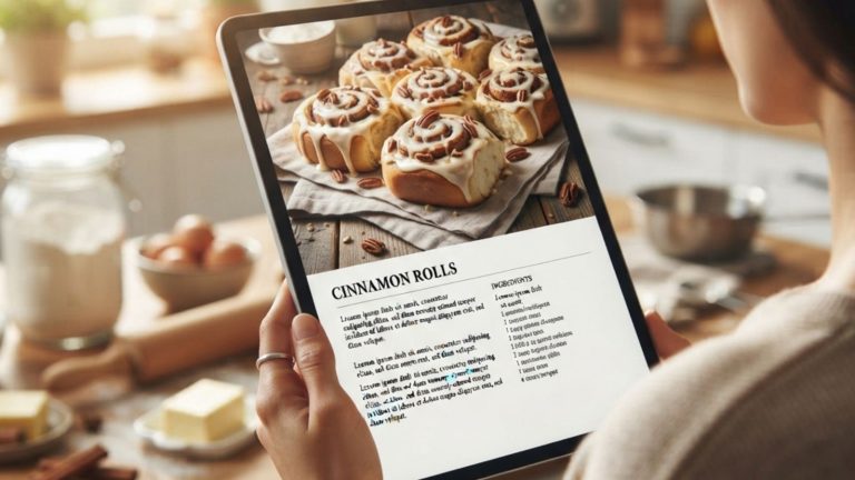 A woman holding a cinammon rolls recipe in an ebook
