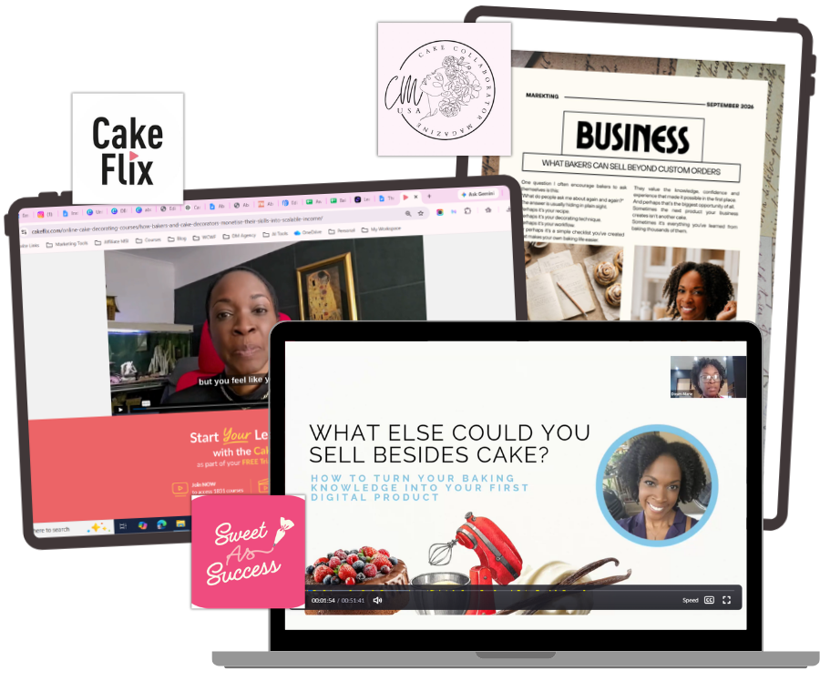 Collaboration collage of CakeFlix workshop, Sweet as Success Webinar and Cake Collaborator Magazine