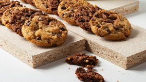 Chocolate chip cookies on a wooden board
