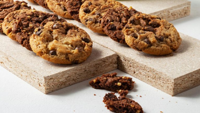 Chocolate chip cookies on a wooden board