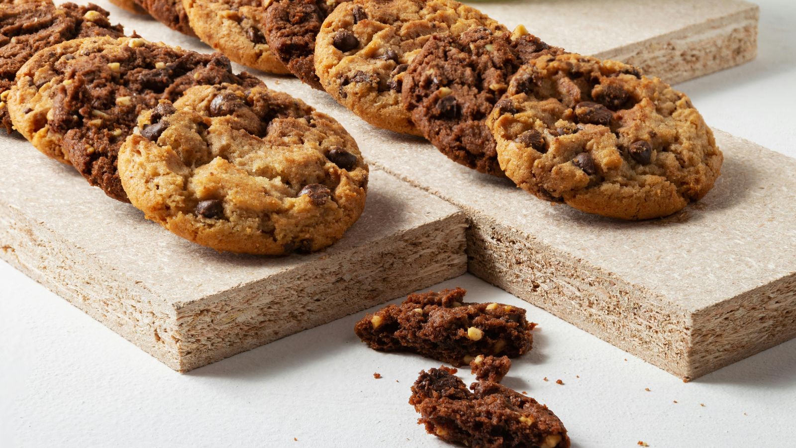 Chocolate chip cookies on a wooden board