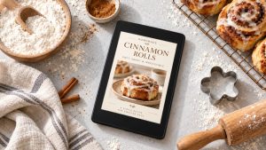 Overhead bakery flatlay on a light stone surface featuring a black e-reader displaying a cinnamon rolls ebook cover, surrounded by a bowl of flour, a small bowl of cinnamon, iced cinnamon rolls on a cooling rack, a striped tea towel, cinnamon sticks, a flower-shaped cookie cutter, and a wooden rolling pin dusted with flour.